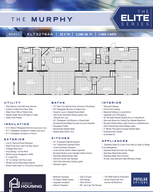 Floor plan layout for The Murphy model from The Elite Series, 32x76 feet, 4 bedrooms, 2 bathrooms, with detailed room arrangements and specifications.