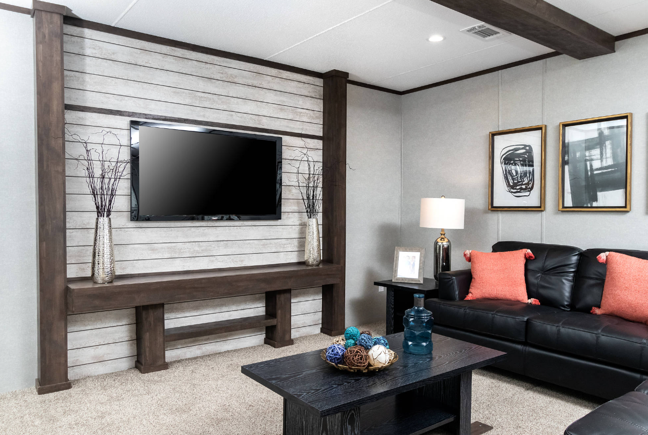 Living room with a mounted flat-screen TV, decorative vases with branches, a black leather sofa with pink pillows, a side table with a lamp, and framed artwork on the wall.