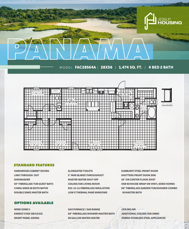 Brochure for a property in Panama by Jessup Housing featuring a layout of a 4-bedroom, 2-bath home with 1,474 square feet. The brochure includes an aerial view of a river and lush greenery, along with a detailed floor plan highlighting features and o