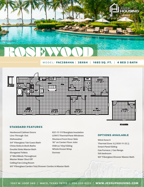 Image of a pool area with lounge chairs and umbrellas at the top, and a floor plan of the Rosewood apartment model below, including features and options.