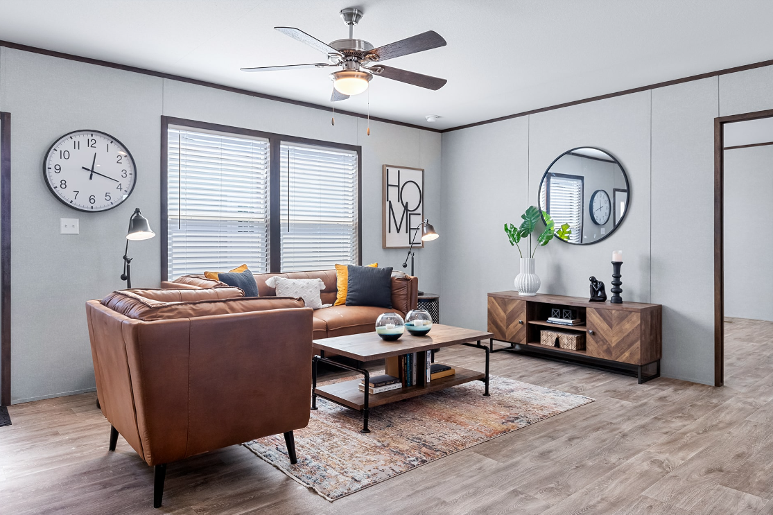 Living room with a leather sofa, wooden coffee table, wall clock, potted plant, mirror, and decorative items.