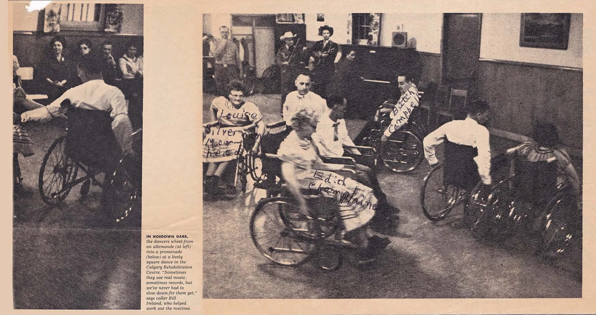 Four couples in hoedown gear and wheelchairs demonstrate square dance moves, circa 1962.