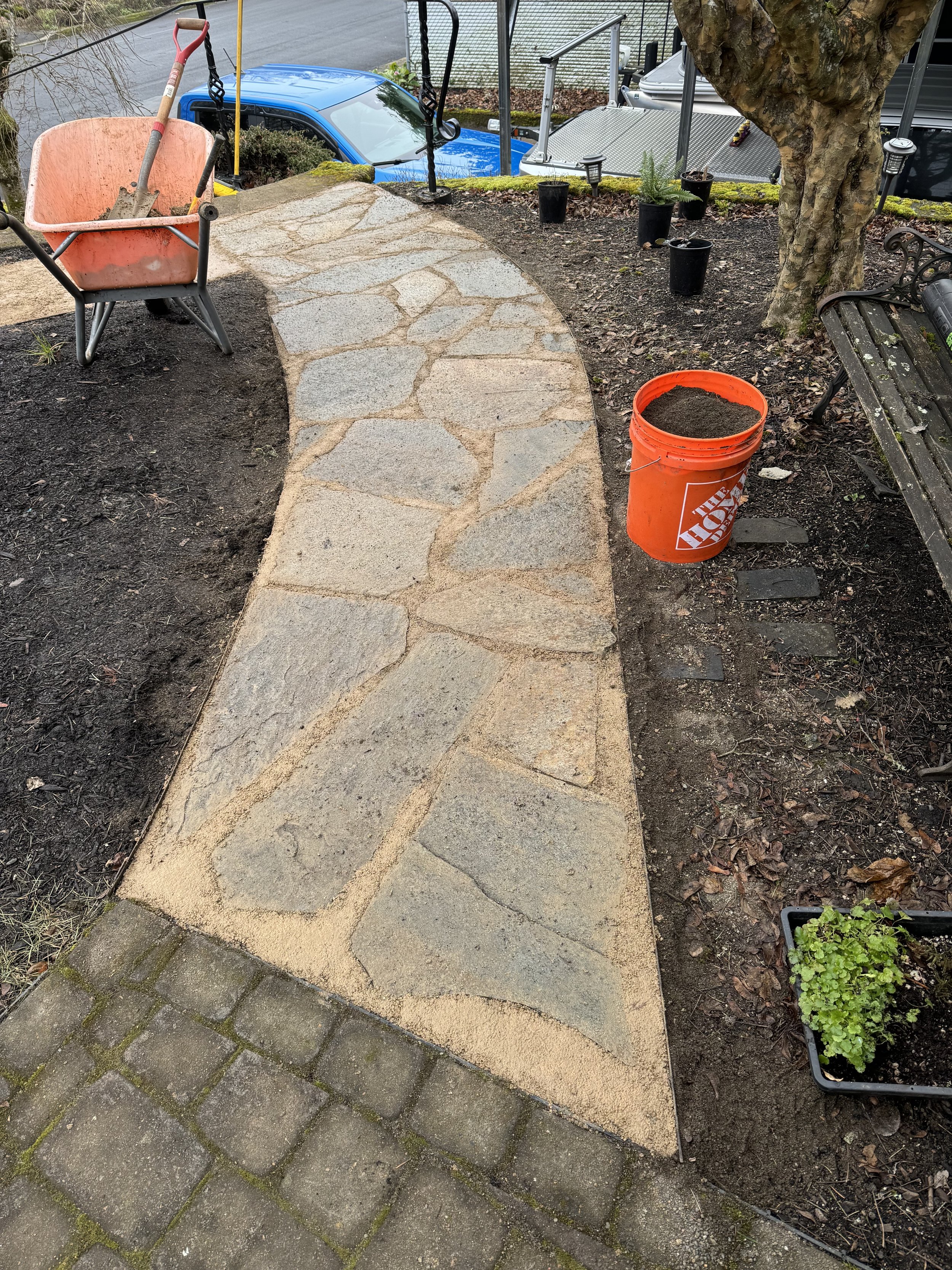 Freshly set mixed flagstone walkway with decomposed granite in Gresham, OR