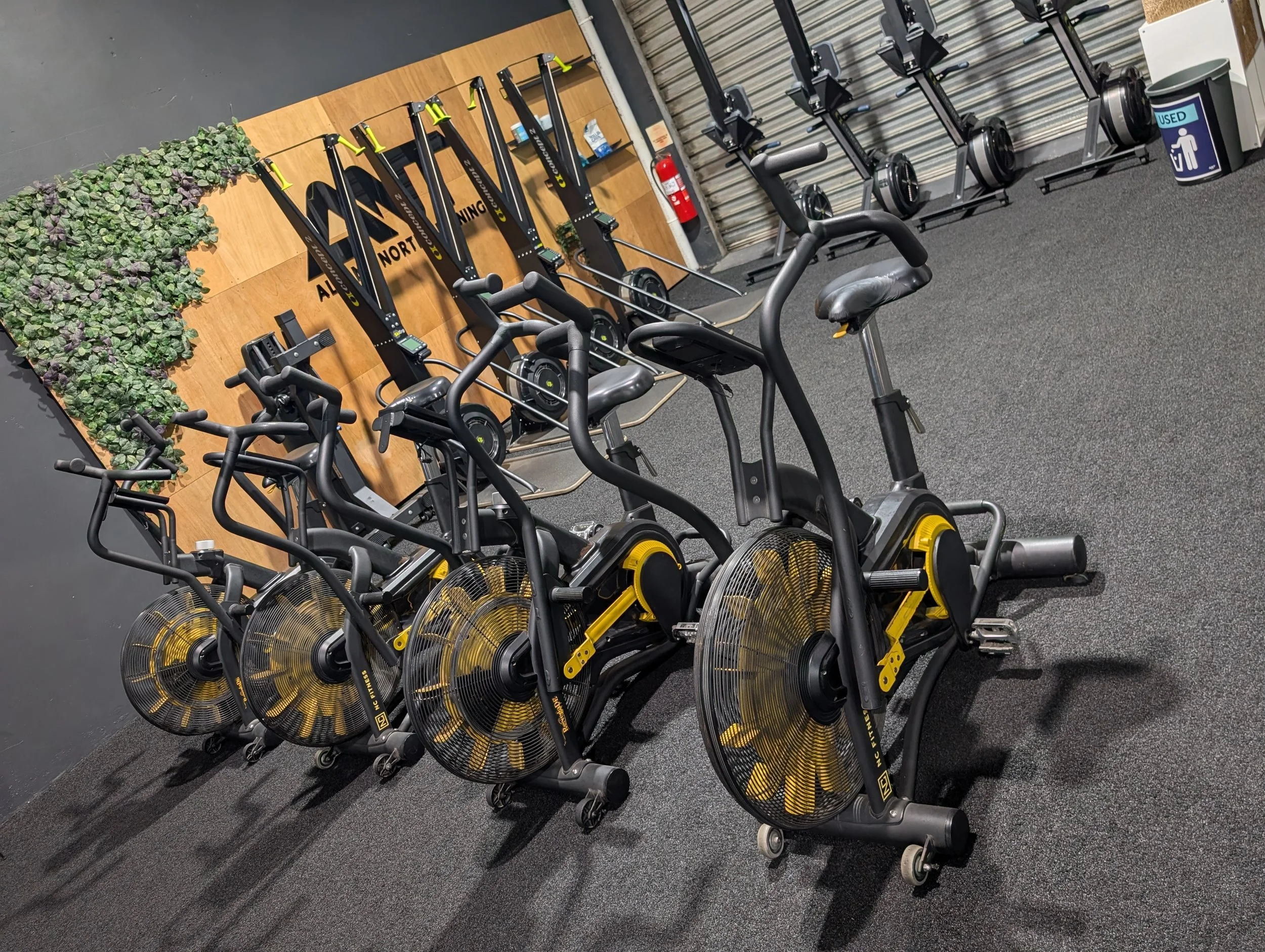 Row of four black and yellow exercise bikes in a gym with black floor, wooden panel, and wall with rowing machines and a trash can.