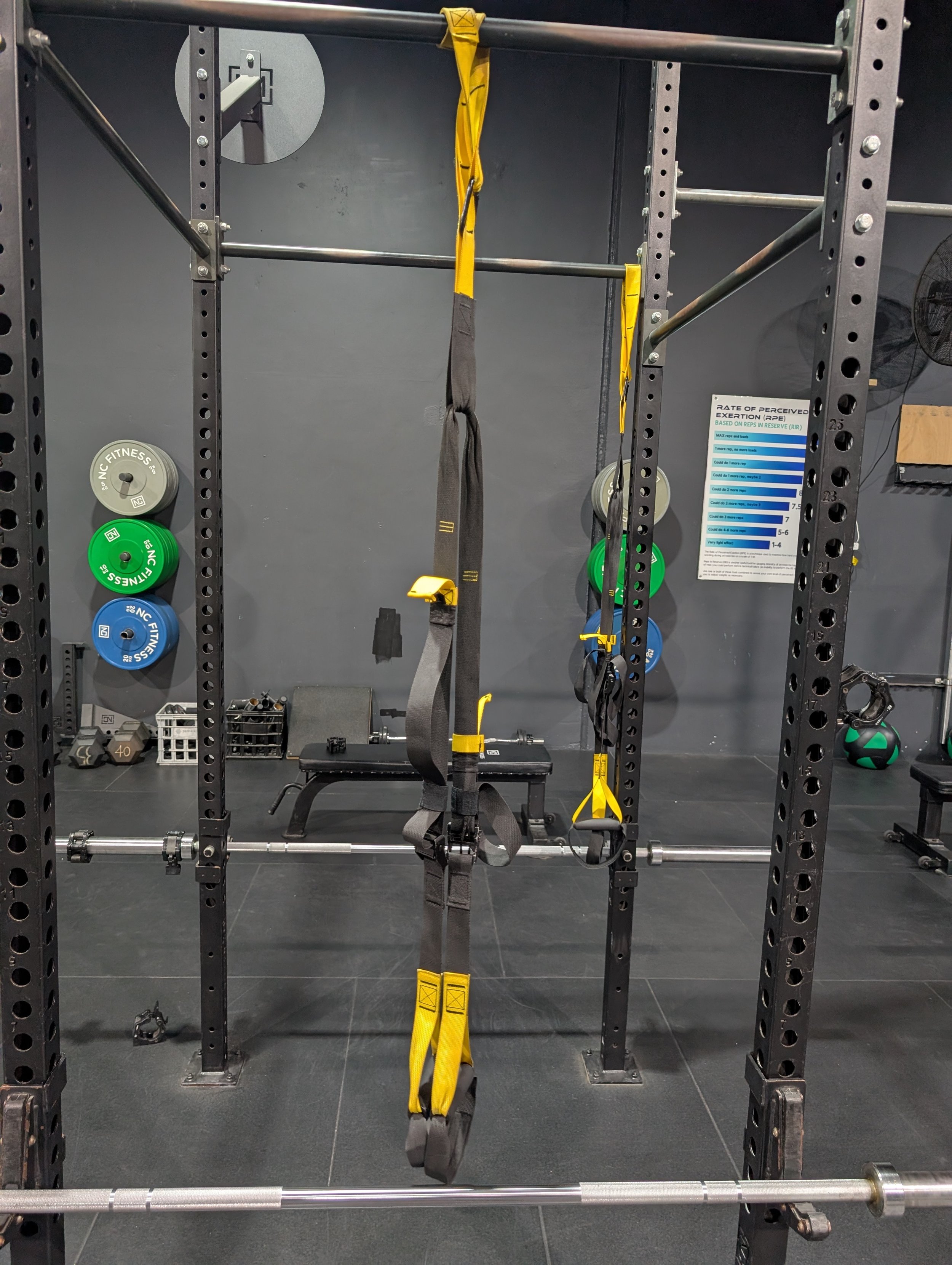 Workout station with suspension straps hanging from a squat rack in a gym, surrounded by weight plates, a bench, and resistance bands.