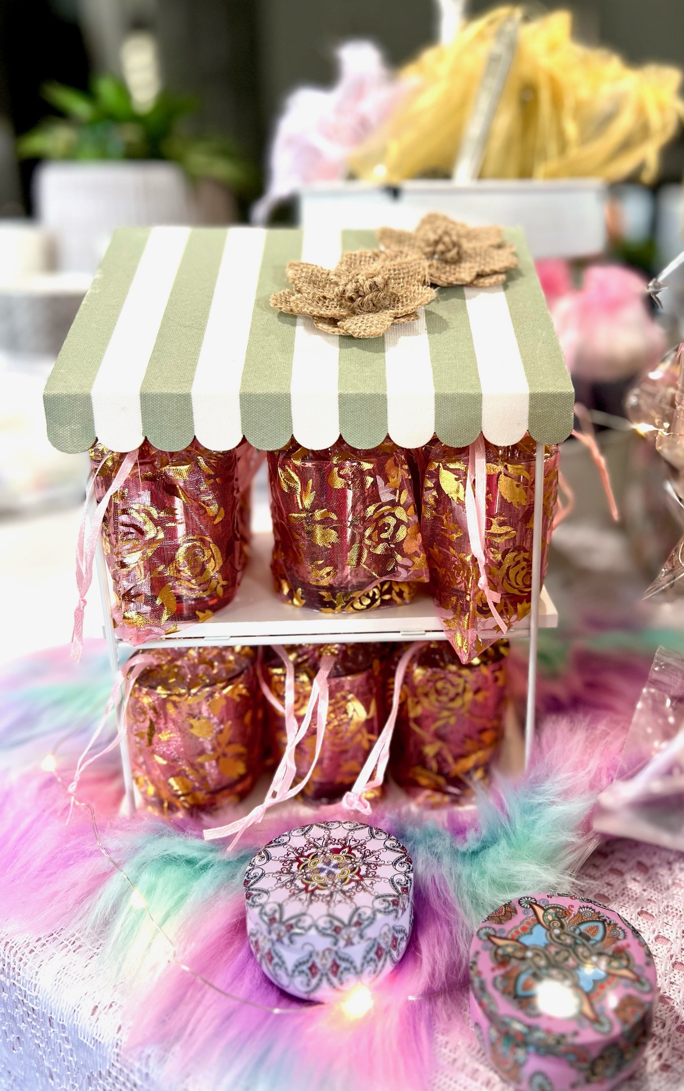 Decorative display with wrapped candles.