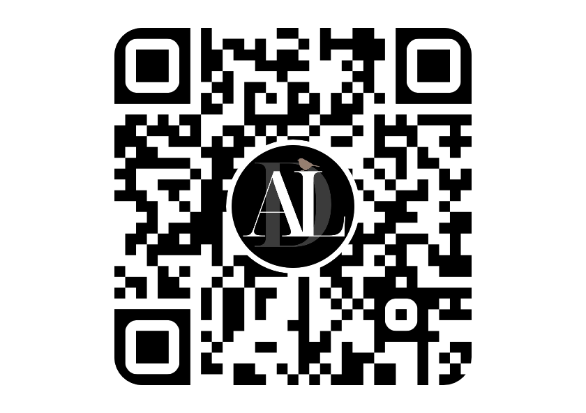 A QR code with a black circular logo in the center that has the letters 'AD' in white.