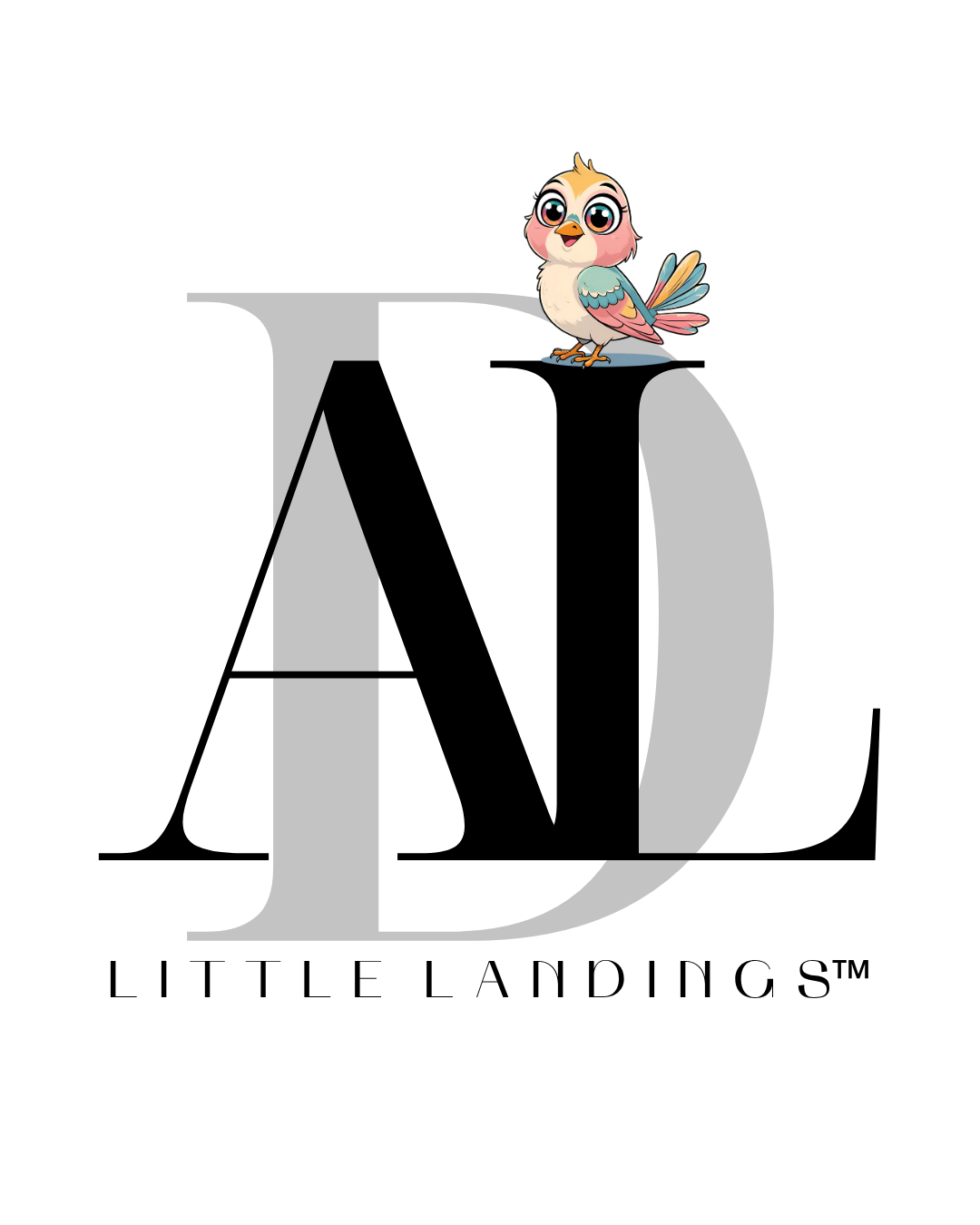 Logo for Little Landings featuring a large black letter 'L' overlaid on a gray letter 'D'. A colorful cartoon bird with large eyes and pastel-colored feathers perches on top of the letter 'L'. The text 'LITTLE LANDINGS' appears below the logo.