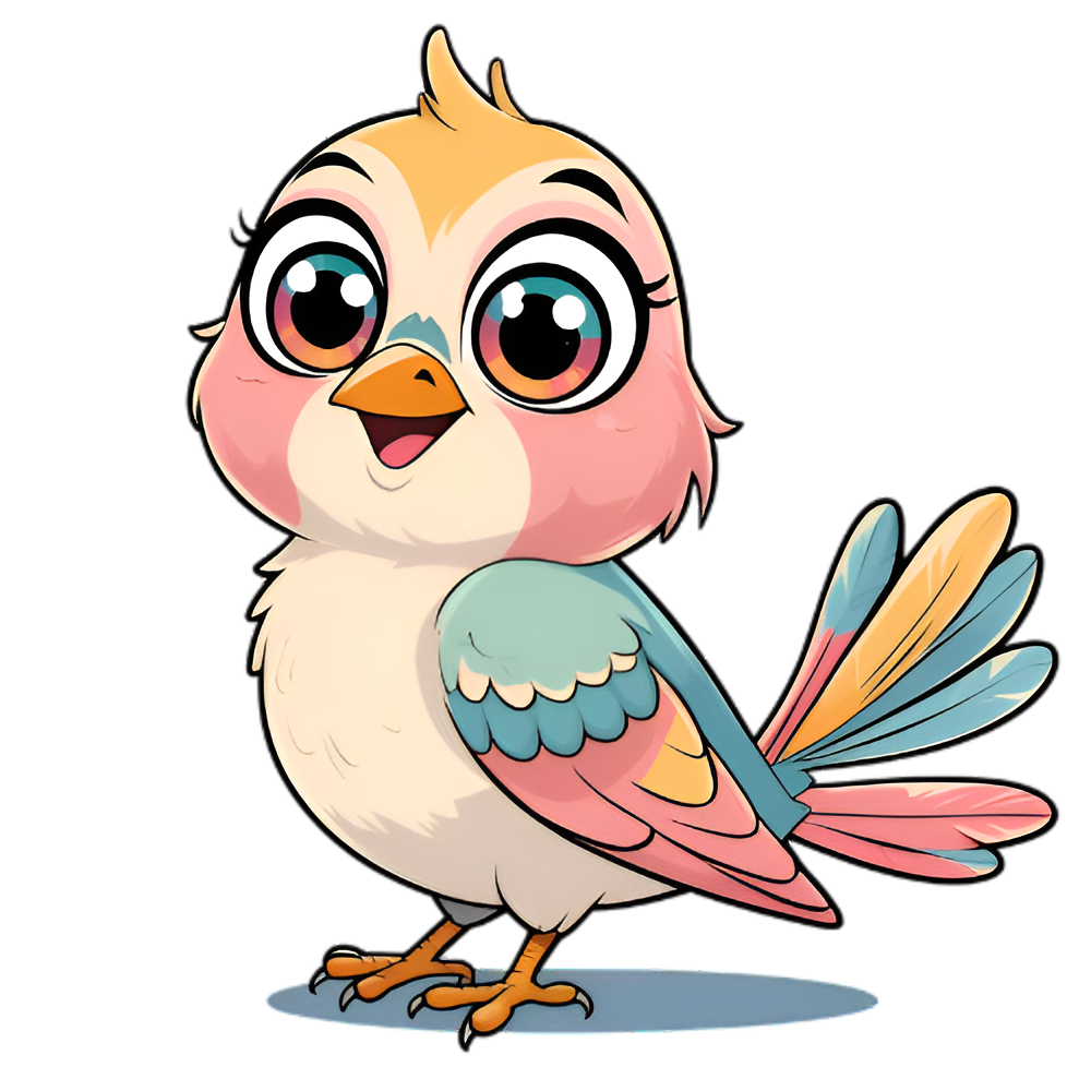 Cartoon colorful bird with large eyes, pink cheeks, and pastel blue, pink, orange, and yellow feathers.