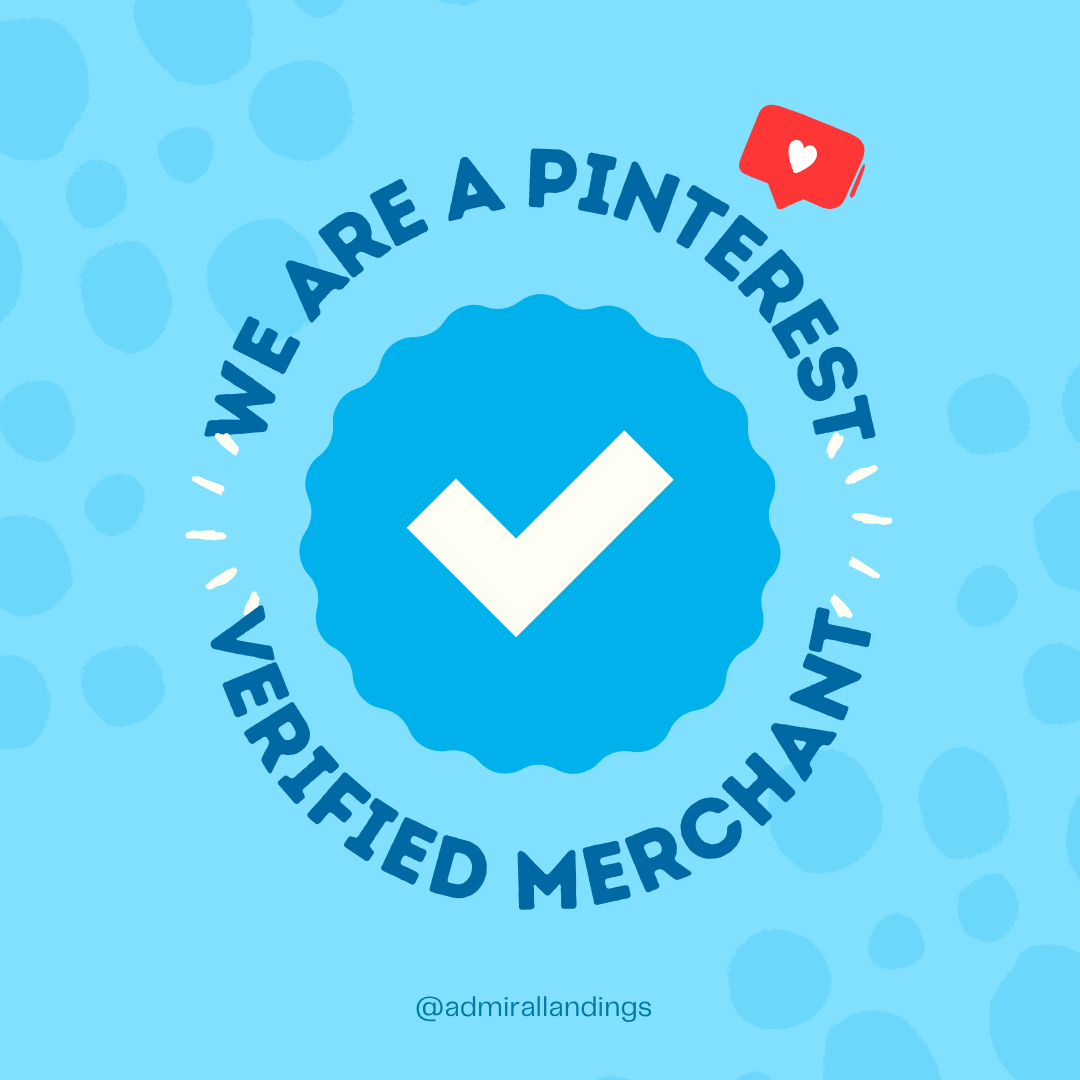 Circular badge with a checkmark in the center and the text 'We are a Pinterest verified merchant' surrounding it over a blue background with polka dots. A small social media icon with a heart is in the upper right corner.