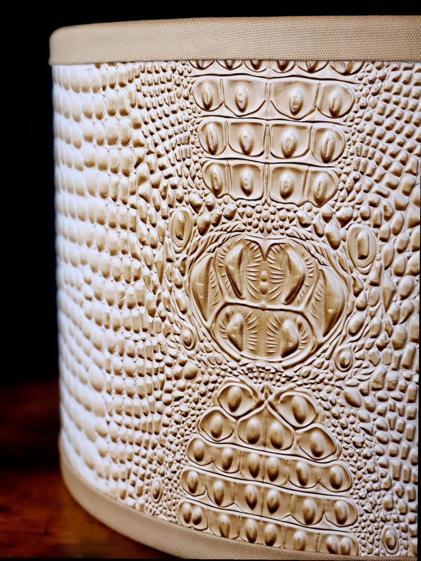 Not every lampshade needs to begin from scratch to feel deeply considered.

This made-to-order version of our Kensington Lampshade was refined with a few thoughtful adjustments for our client&rsquo;s space. Finished in white faux crocodile with the a