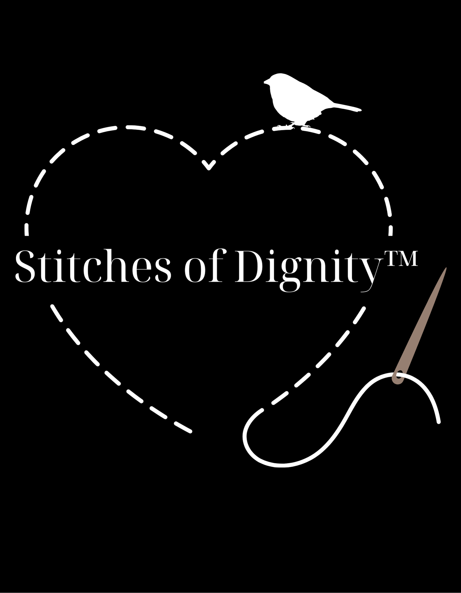 Logo featuring a dashed heart outlined with a white bird perched on top, a needle with thread, and the text 'Stitches of Dignity™' below.