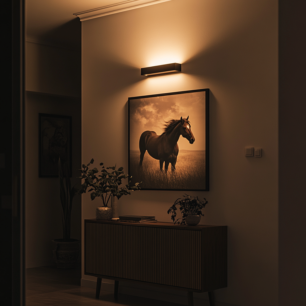 A dimly lit hallway with a wooden console table featuring a framed horse photograph illuminated by a wall-mounted lamp.