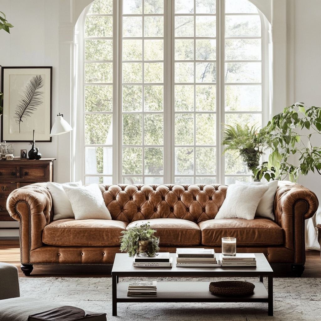 A sophisticated living room with a brown leather Chesterfield sofa, a marble coffee table, and a large arched window.