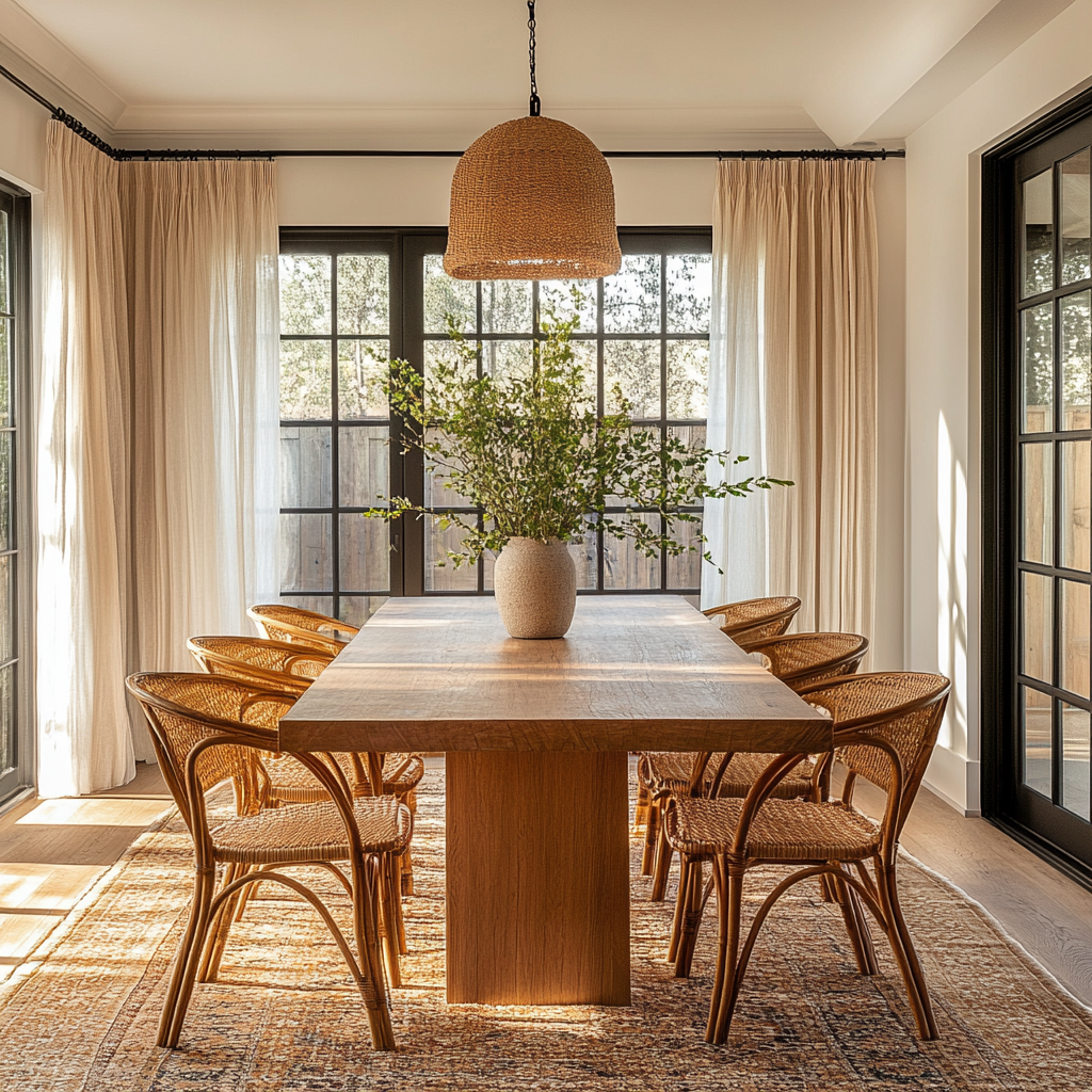 A naturally lit dining room with a large wooden table, wicker chairs, and a woven pendant lamp.