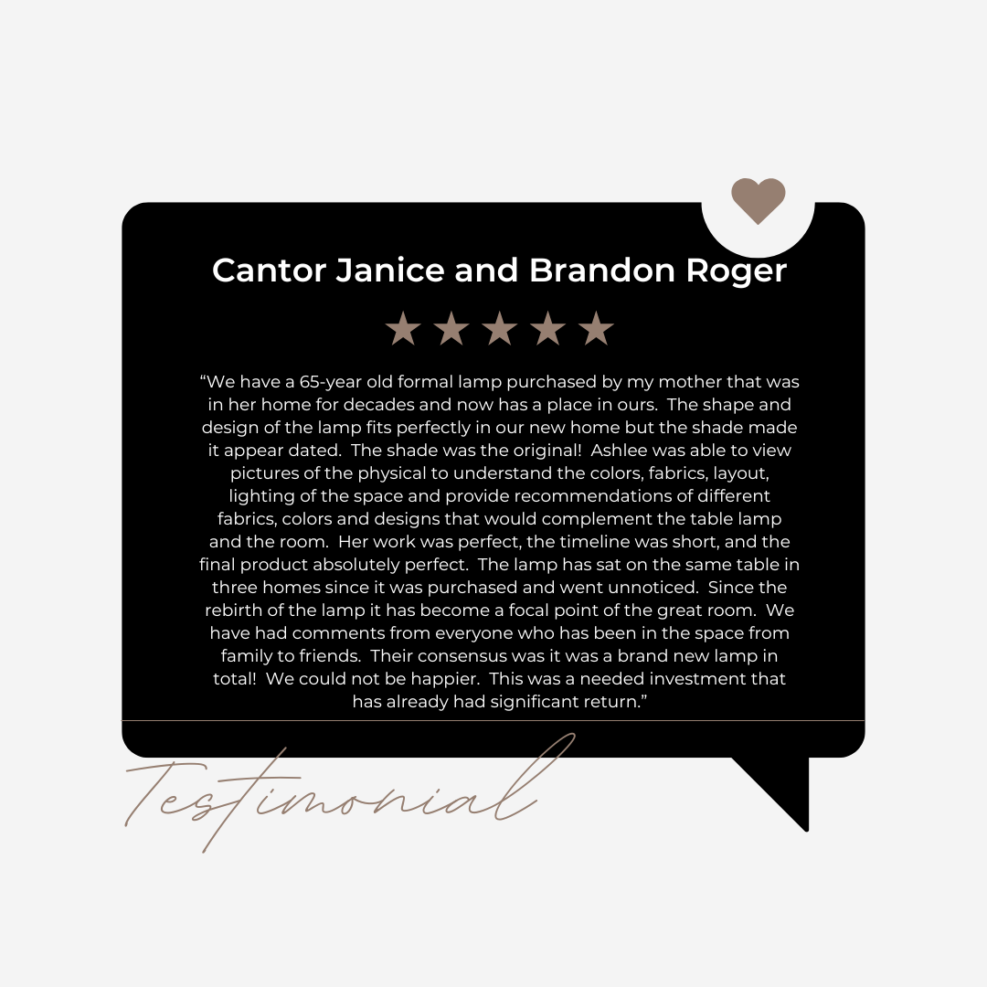 Customer testimonial for a lamp, featuring a five-star rating, testimonial text, and a heart icon on a speech bubble with a signature reading 'Testimonial'.