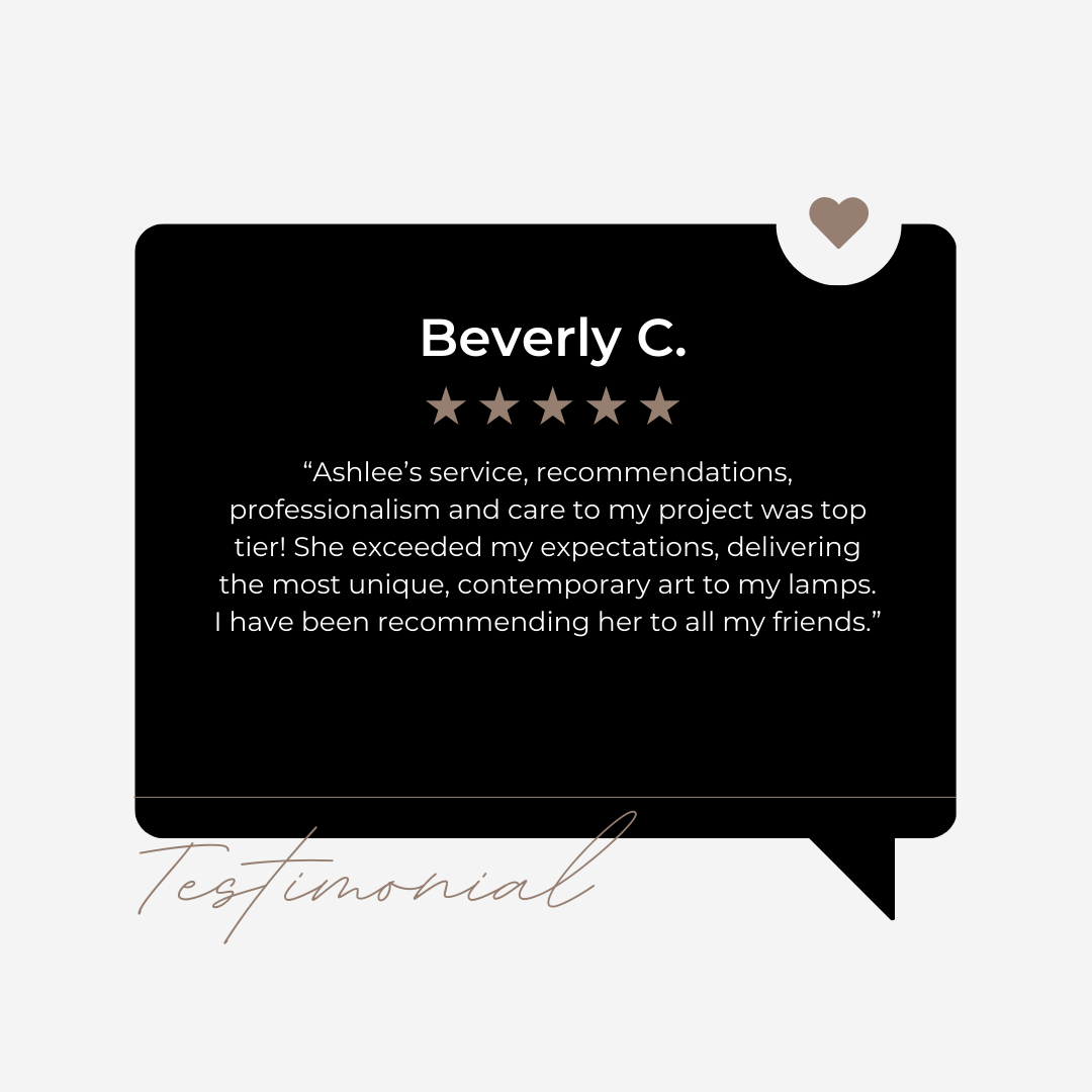 Customer testimonial graphic with a black speech bubble containing a five-star rating and positive review for Ashlee, featuring the name Beverly C. and the word 'Testimonial' in cursive.