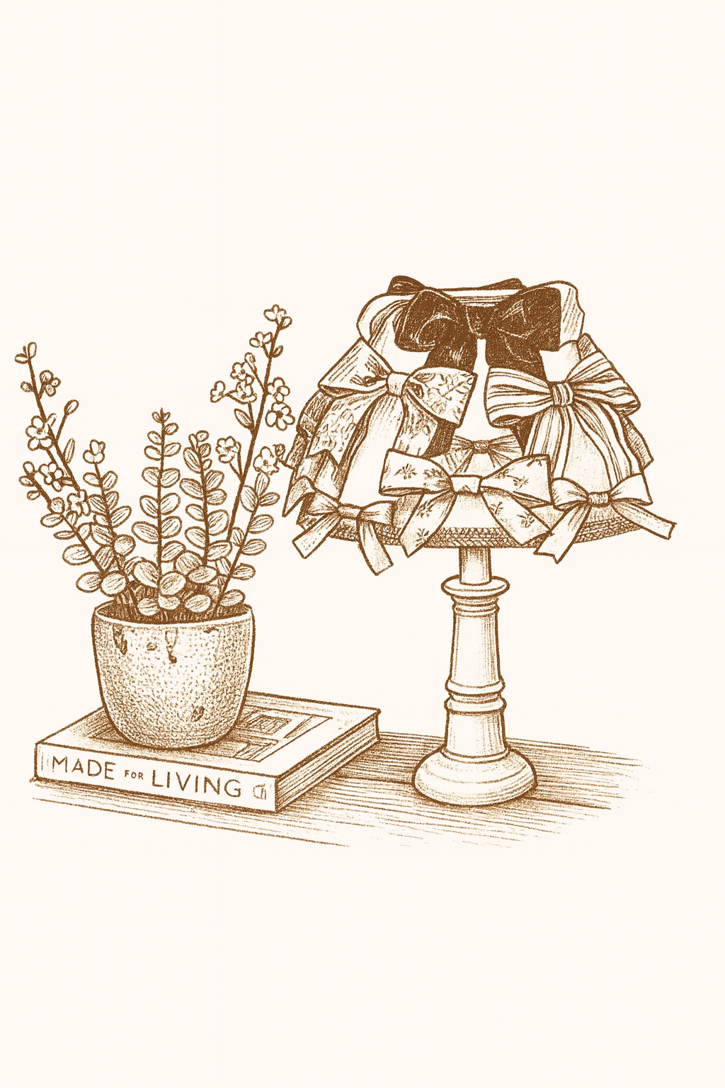 A line drawing of a potted plant with small leaves and flowers on the left, and a display of bows on a lampshade on the right, placed on a table with a book titled 'Made for Living' underneath the pot.