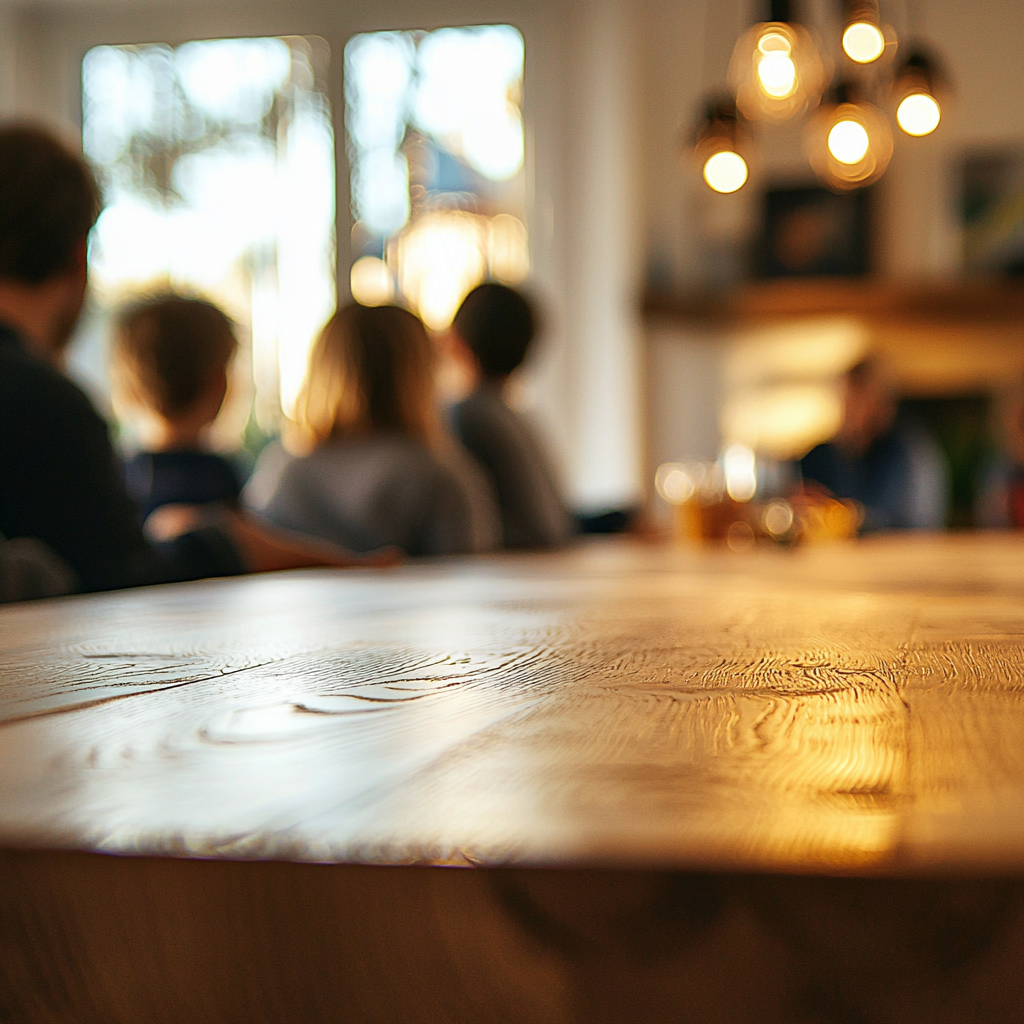 A warm, inviting wooden table in focus, with a slightly blurred background of a family gathered in their living room.