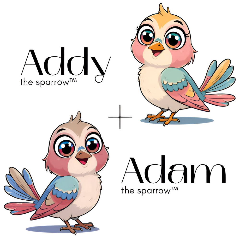Animation of two cute cartoon sparrows named Addy and Adam, with the text 'Addy the sparrow' and 'Adam the sparrow'.