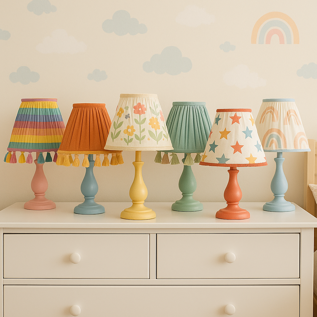 Six colorful table lamps with various patterned shades arranged on a white dresser, against a wall decorated with pastel clouds and rainbows.