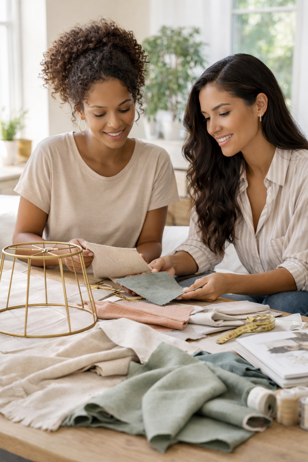 Two women sitting at a table looking at fabric swatches in a well-lit room.
