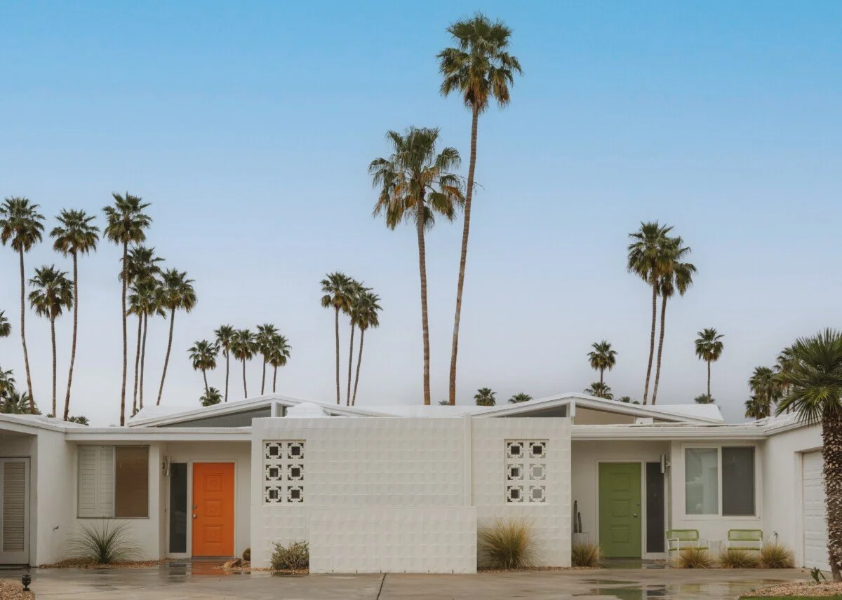 Mid-century modern houses with colorful doors and palm trees