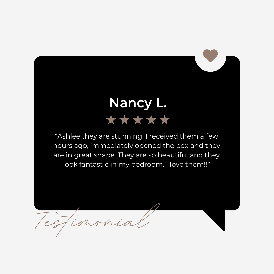 Customer review with a five-star rating for Nancy L., praising the quality and appearance of her new bedding, with the word 'Testimonial' written in cursive.