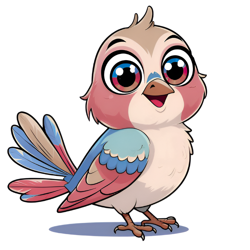 Cartoon bird with large eyes, pink cheeks, and colorful feathers.