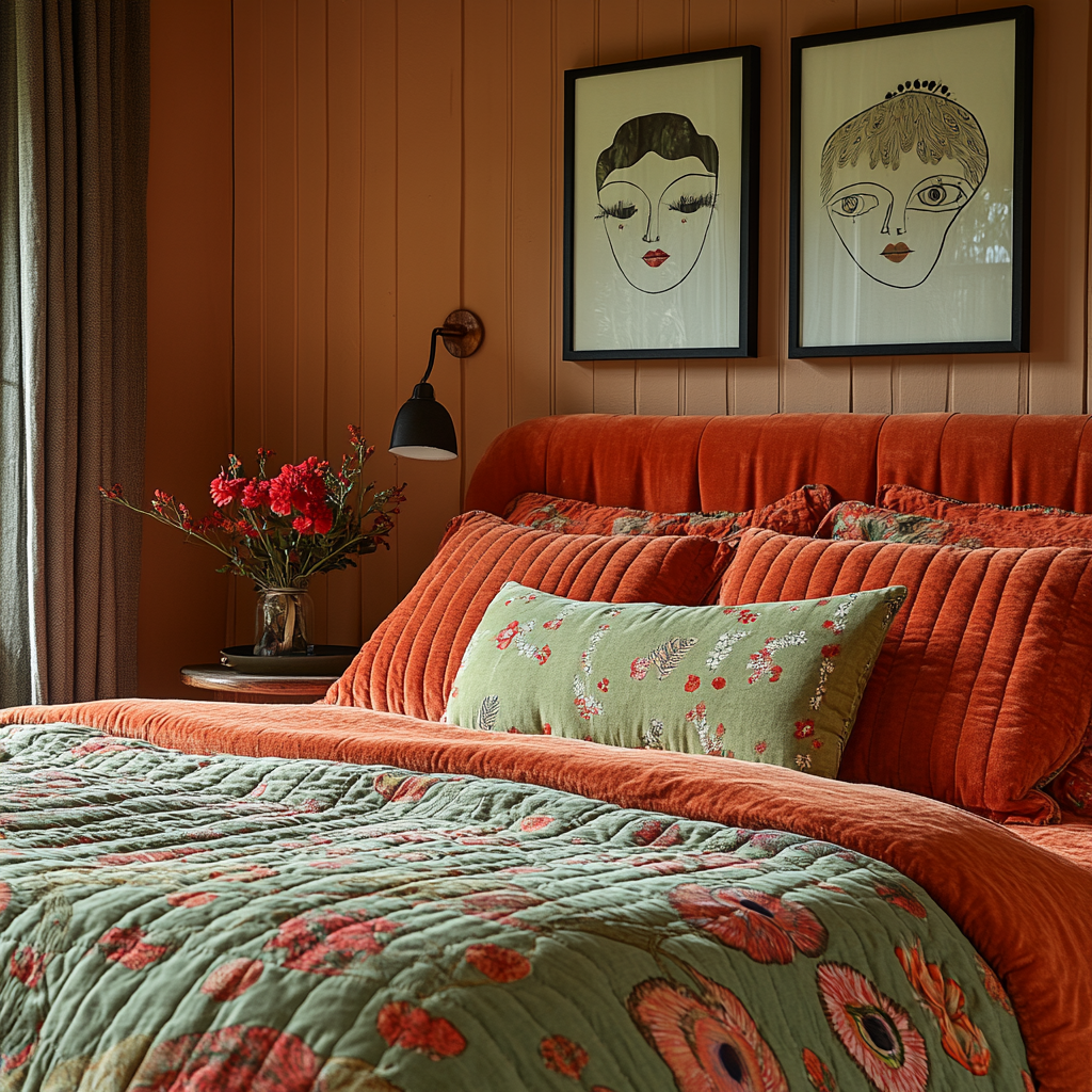A cozy bedroom with a burnt orange headboard, matching pillows, and a green floral quilt. Two framed face sketches hang above the bed.