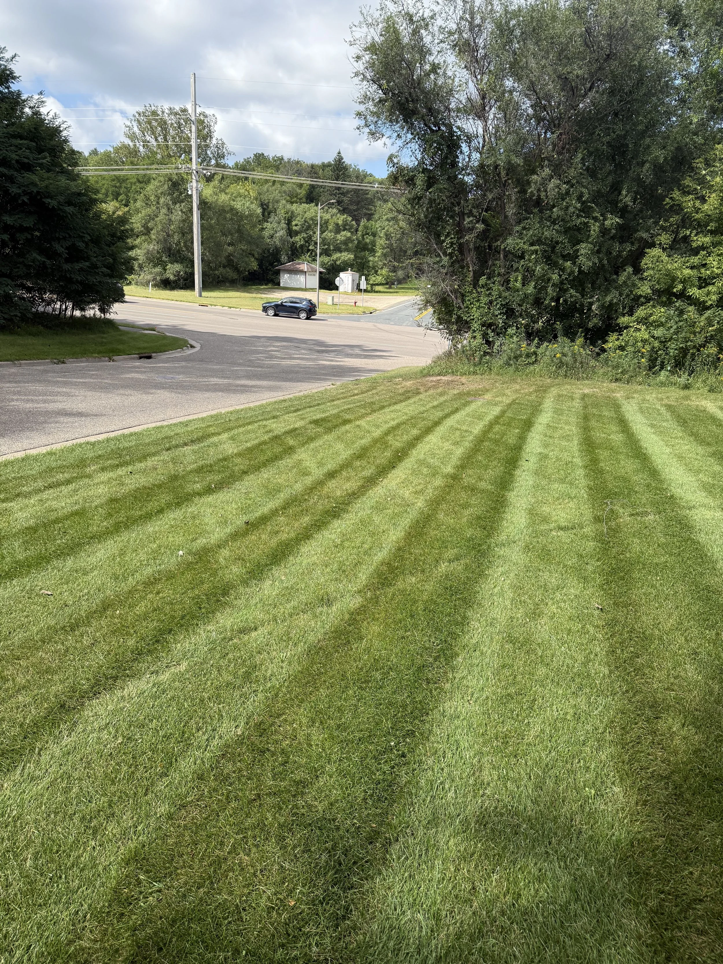 Well-maintained lawn with striped grass pattern in foreground, trees and bushes to the right, street and a car in the background with utility poles and cloudy sky overhead.