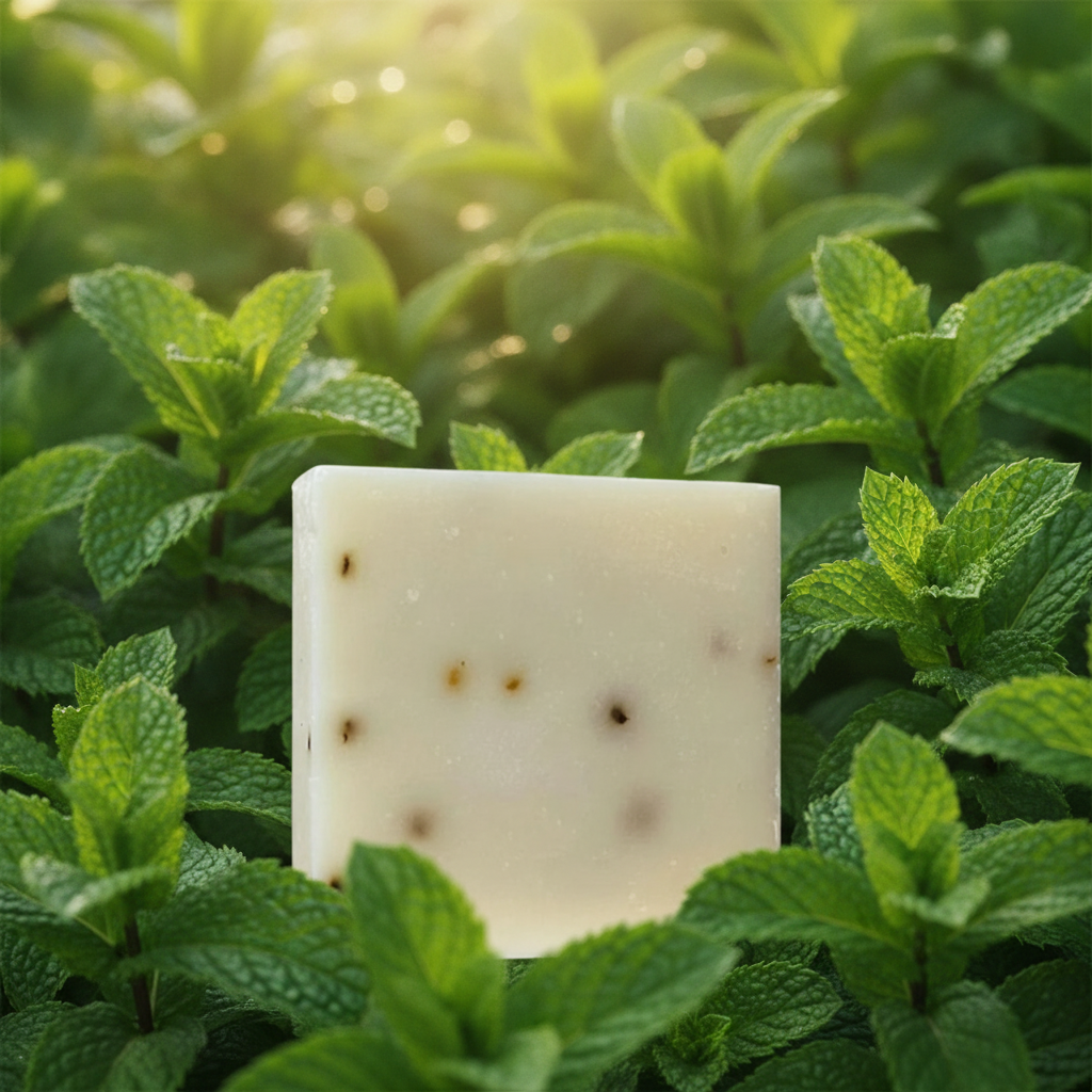 Tea Tree Mint Soap Bar surrounded by fresh mint leaves in bright natural greenery.