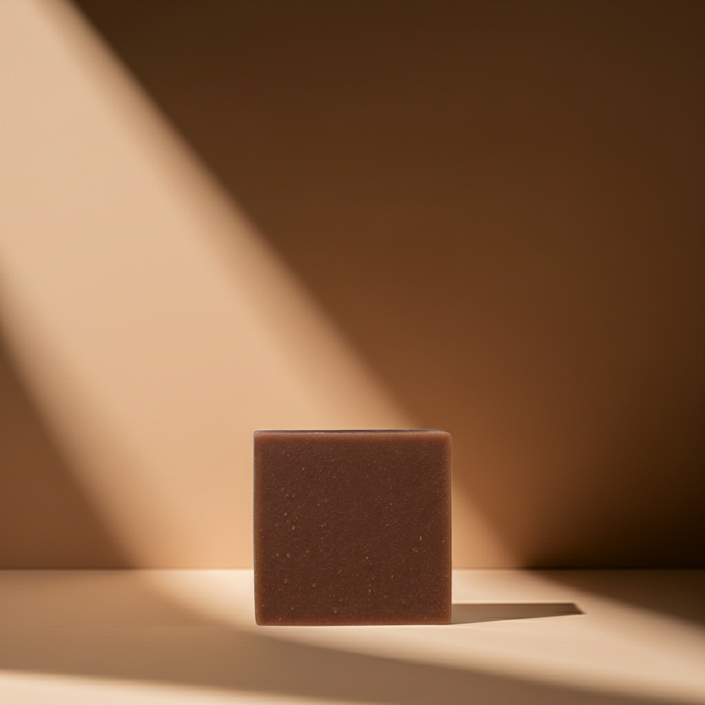 Queen Nandi handmade soap bar with warm amber, vanilla, and earthy musk in soft angled light