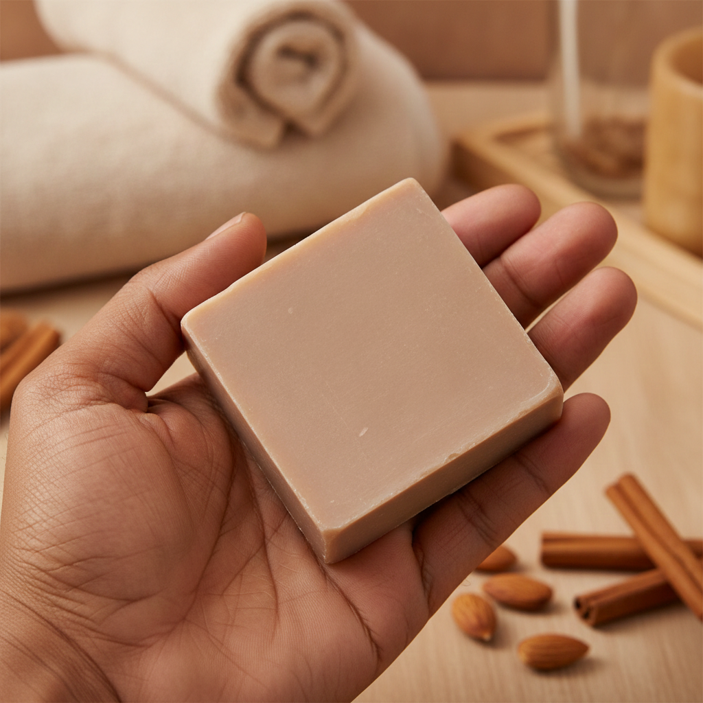 Almond Spice Soap Bar held in a hand with almonds, cinnamon sticks, and spa towels in the background.