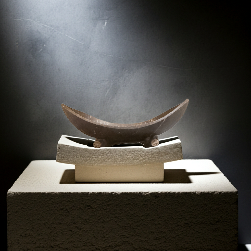 Boat-shaped coconut shell soap dish on small legs displayed on stacked stone blocks under dramatic spotlight.