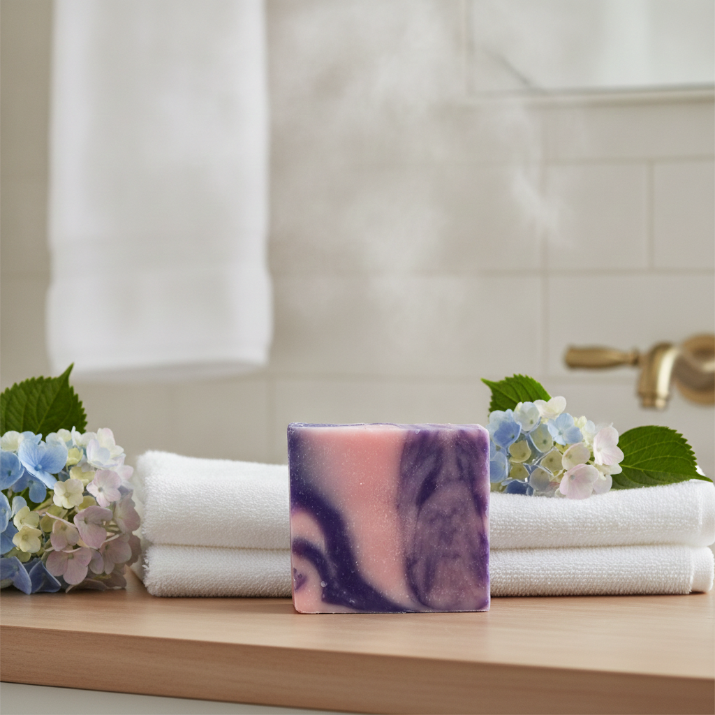Hydrangea Soap Bar on a bathroom counter beside folded towels and hydrangea flowers.