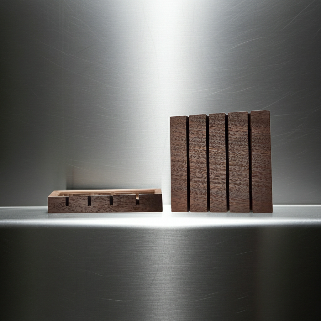 Two Square Edge Walnut wood soap dishes on a brushed metal surface, one lying flat and one standing upright under a soft spotlight.