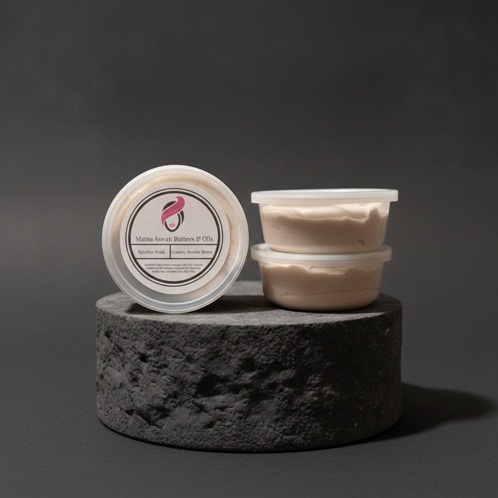 Creamy Whipped Shealoe Butter tubs and labeled lid displayed on a dark stone pedestal.