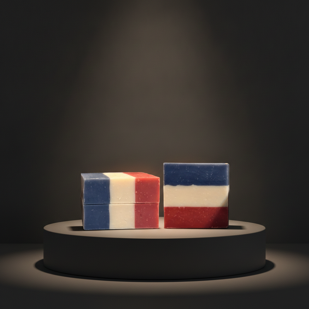 Two No Longer Bound red, white, and blue soap bars displayed on a black pedestal