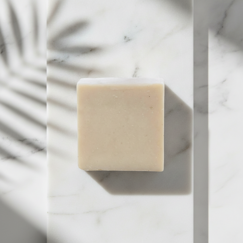 Top-down view of Unscented Goat’s Milk Facial Soap on white marble with soft window shadows.
