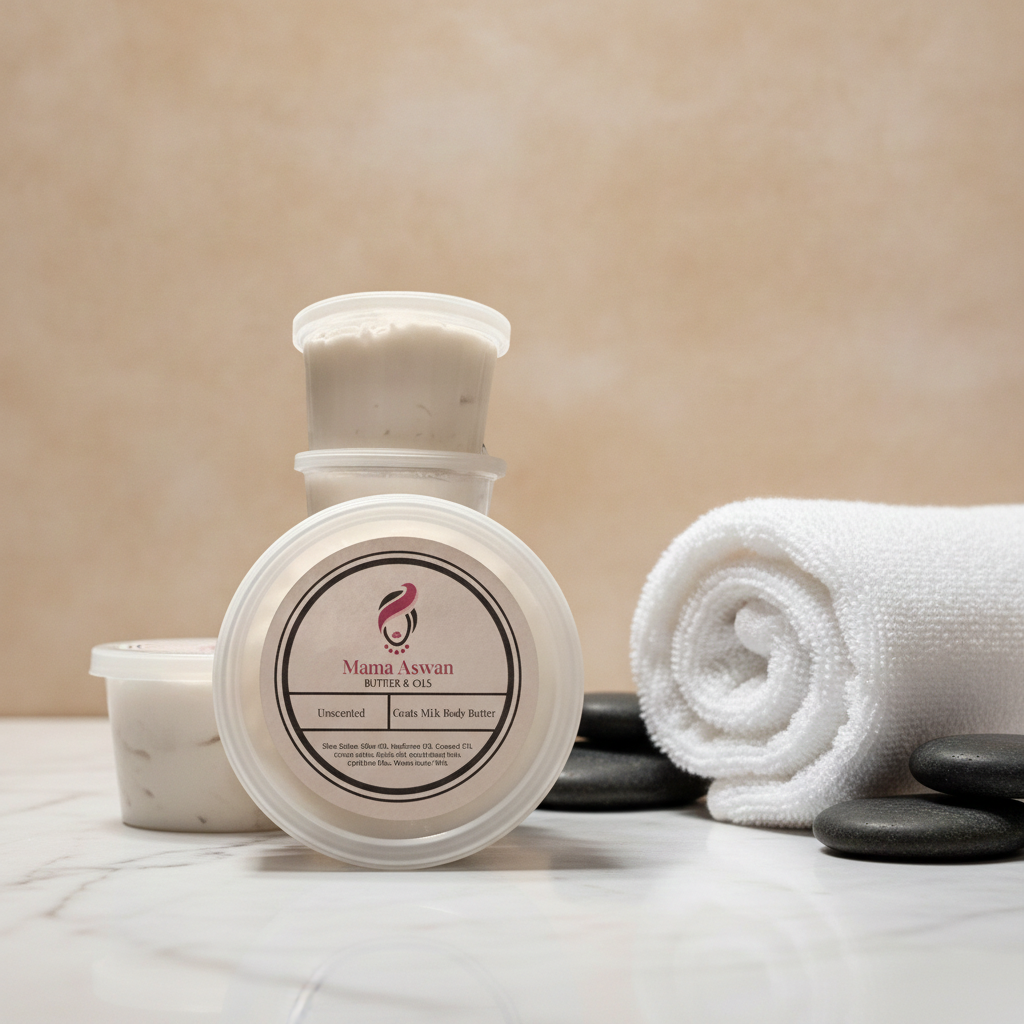 Unscented Goat’s Milk Body Butter beside a rolled white towel and smooth spa stones on a marble surface.