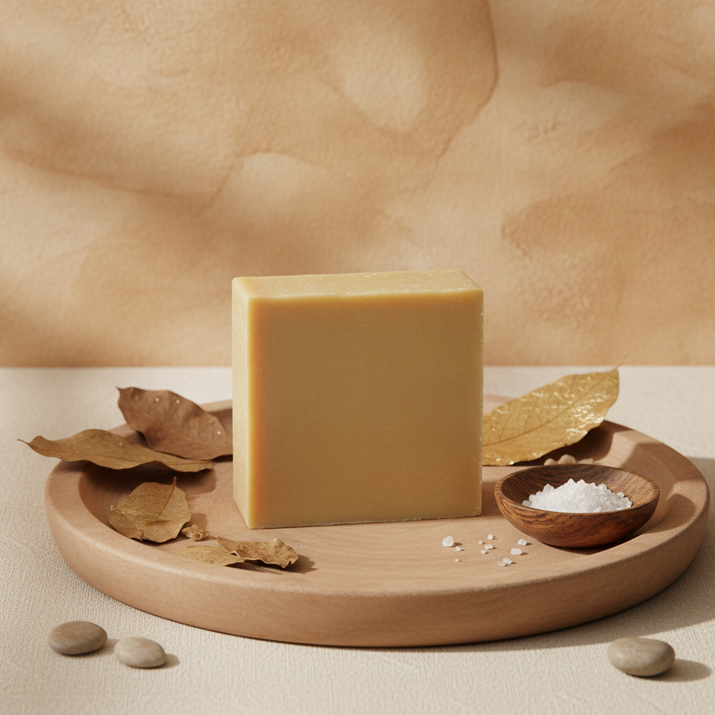 Egyptian Musk Soap Bar on a wooden tray with dried leaves, bath salts, and smooth stones.