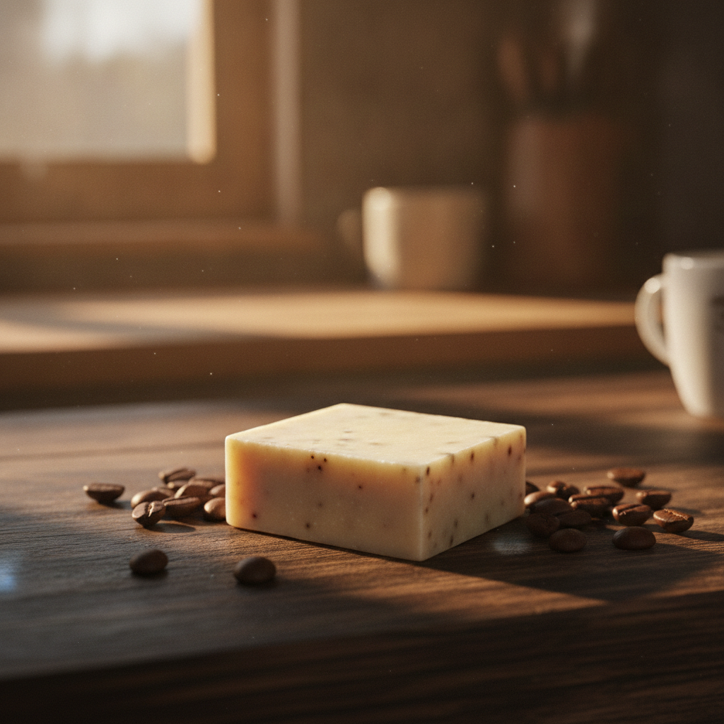 Strong Coffee Soap Bar on a wooden surface with coffee beans and warm morning light.