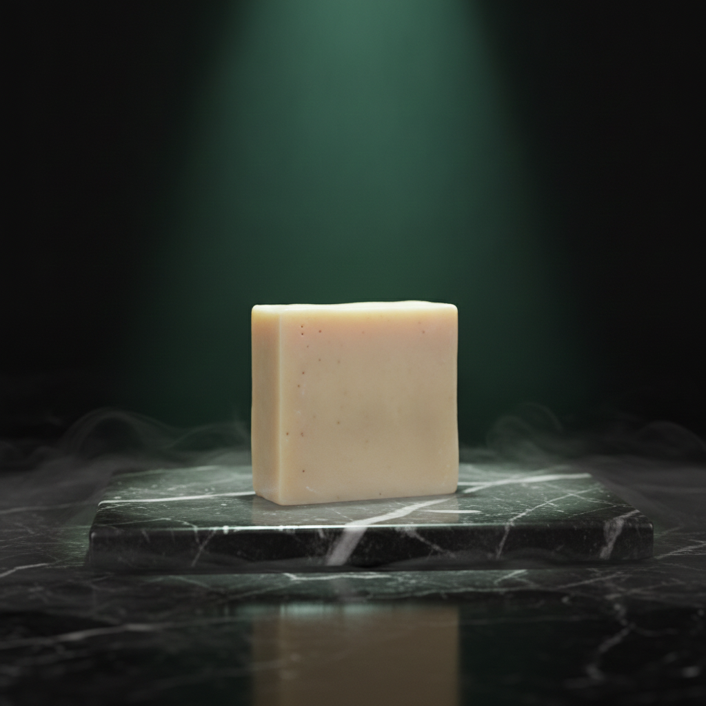 Bamboo Mud Soap Bar on a dark marble surface with green spotlighting and soft steam.