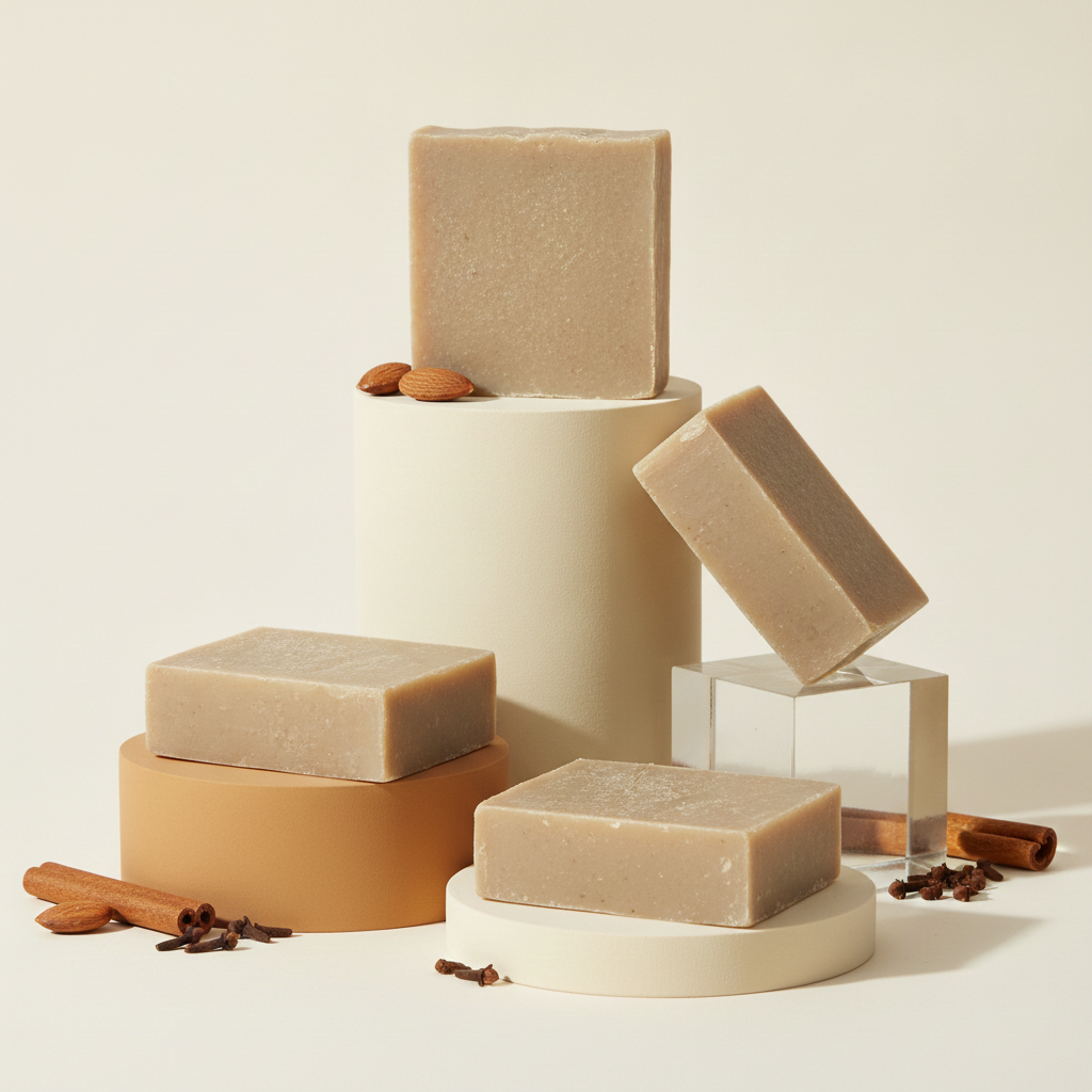 Almond Spice Soap Bars displayed on cream and gold pedestals with almonds, cinnamon sticks, and cloves.