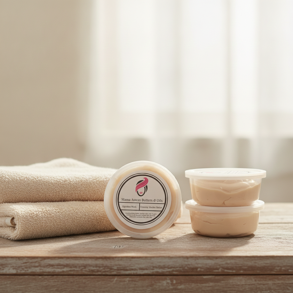 8 oz Creamy Whipped Shealoe Butter beside folded beige towels on a warm wooden surface.
