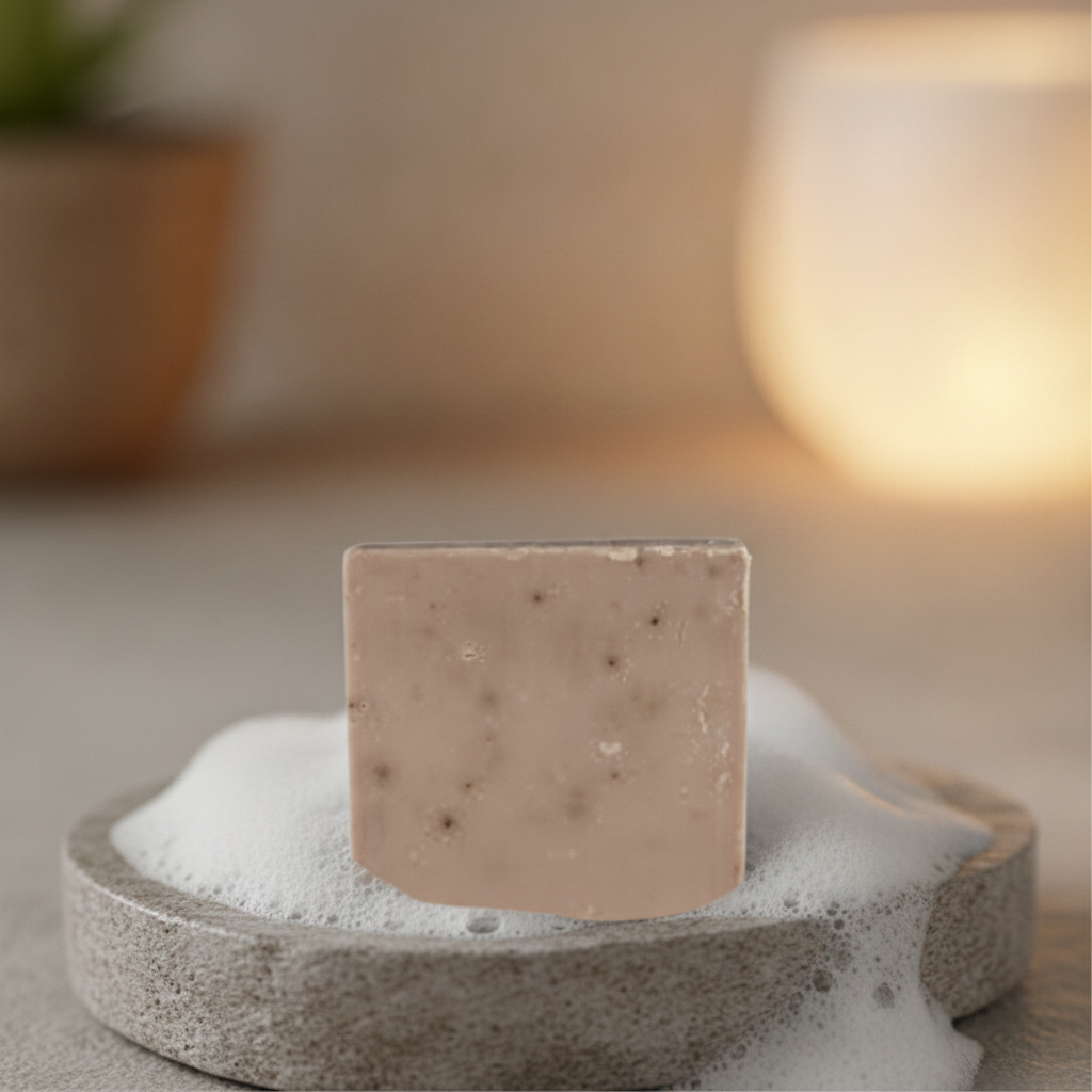 Oatmeal Spice Soap Bar displayed in a stone dish with white foam.