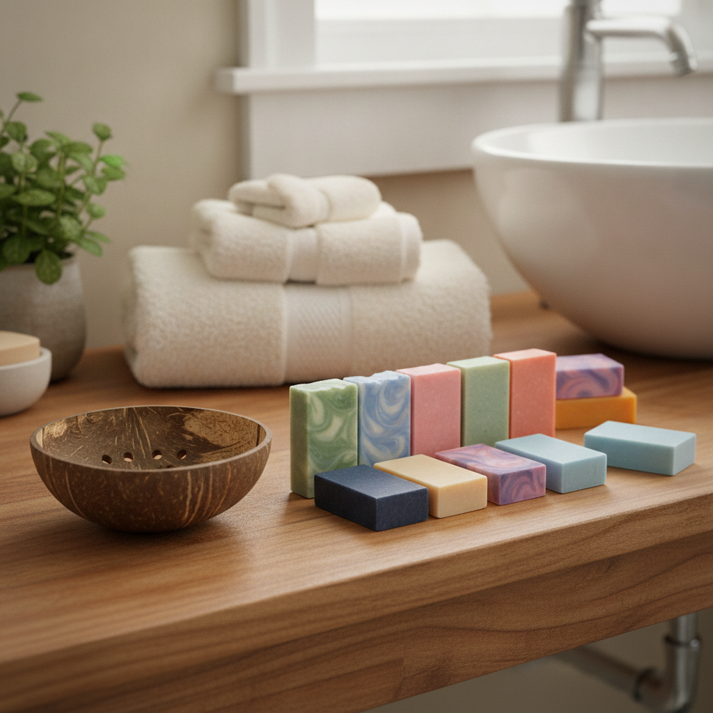 Colorful mini soap samples and a coconut shell dish displayed on a wooden bathroom vanity