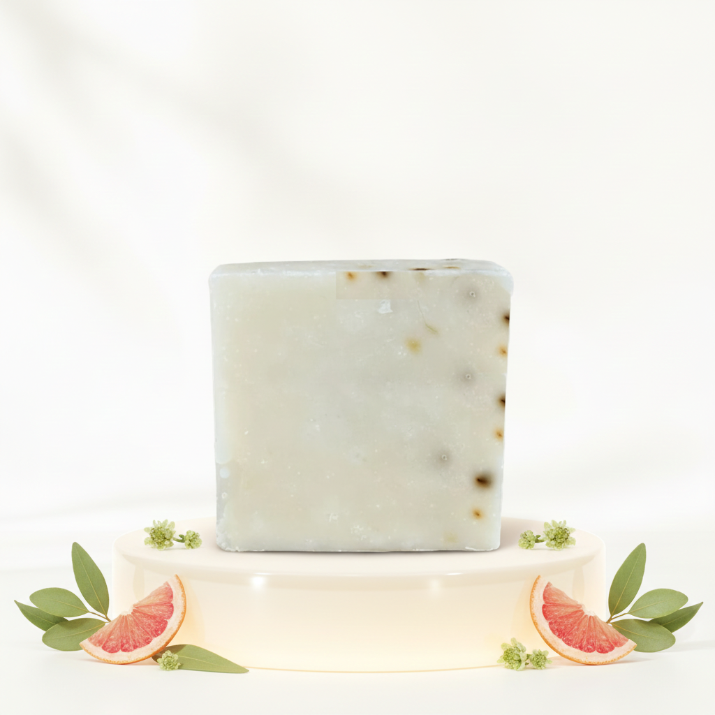 Grapefruit Tea Tree Scrub Soap Bar on a white pedestal with grapefruit slices and soft botanical accents.