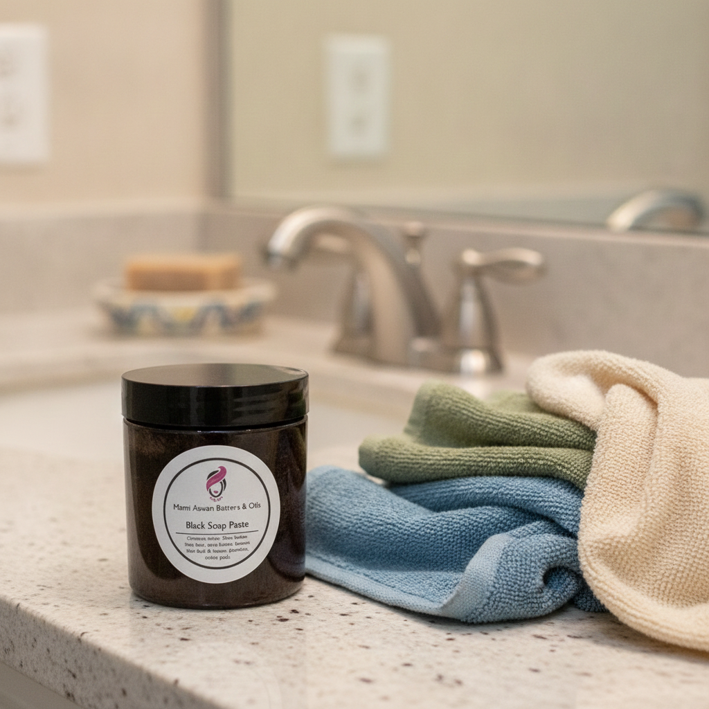 Raw African Black Soap Paste on a bathroom counter beside folded blue, green, and cream washcloths.